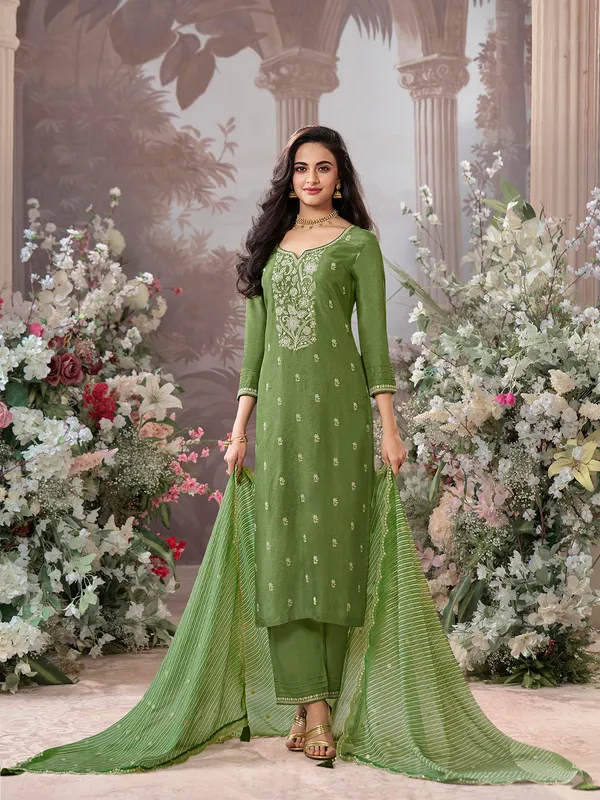 Green silk salwar suit with printed dupatta elegant outfit