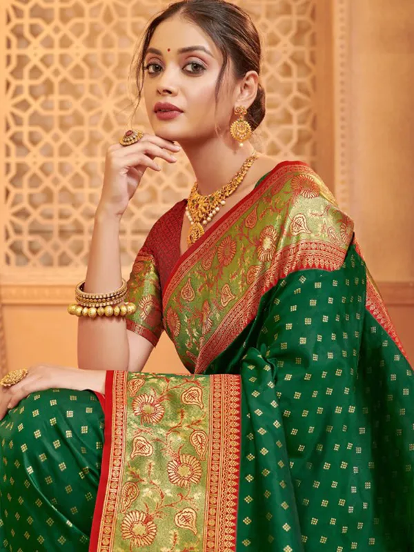 Green silk saree with contrast red blouse