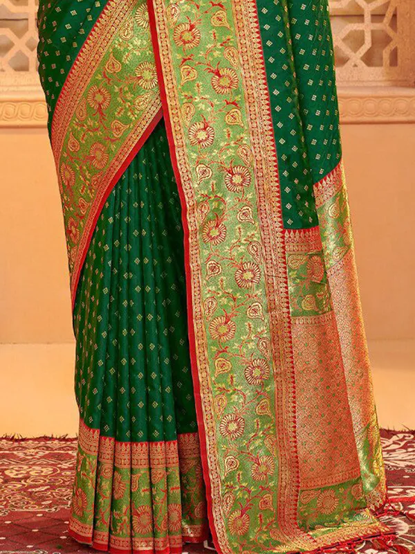 Green silk saree with contrast red blouse