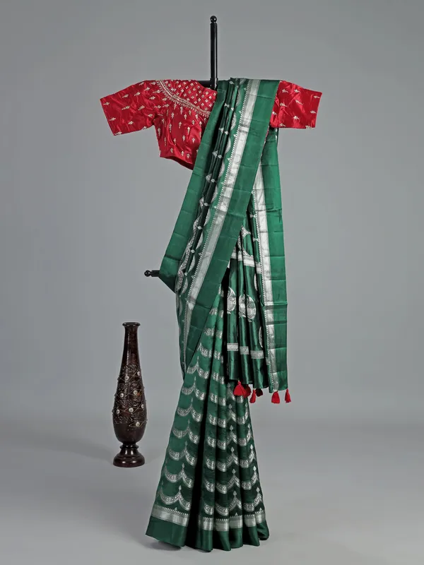 Green silk saree with silver zari weave
