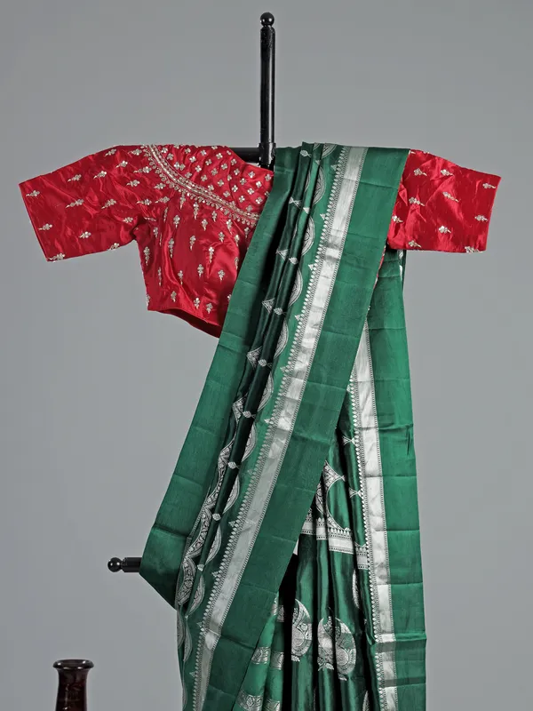 Green silk saree with silver zari weave