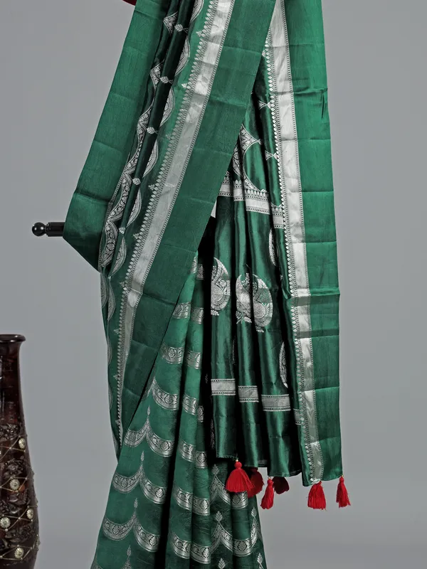 Green silk saree with silver zari weave