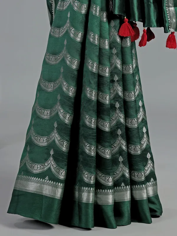 Green silk saree with silver zari weave
