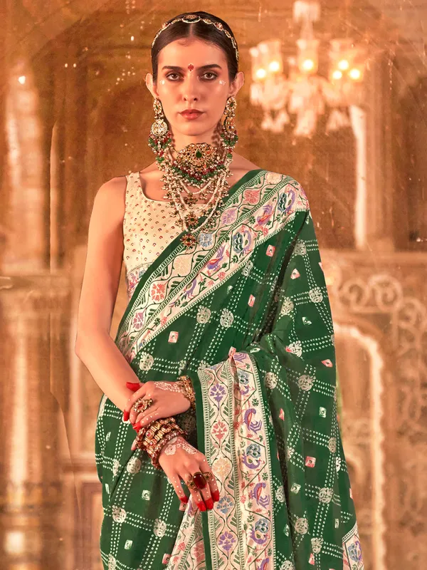 Green silk saree with zari and digital print