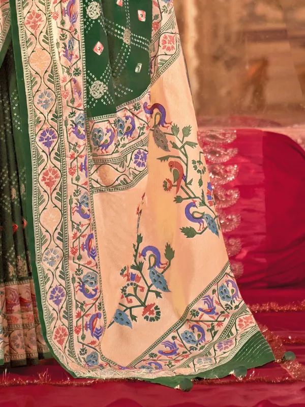 Green silk saree with zari and digital print