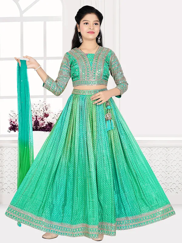 Green silk shaded bandhej printed lehenga choli with dupatta