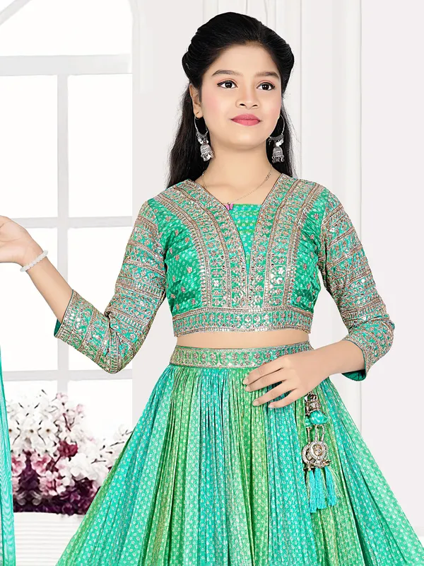 Green silk shaded bandhej printed lehenga choli with dupatta