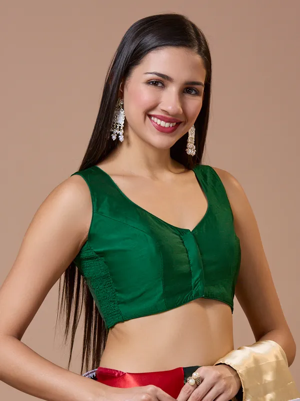 Green silk sleeveless comfort fit ready made blouse