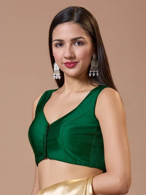 Green silk sleeveless comfort fit ready made blouse