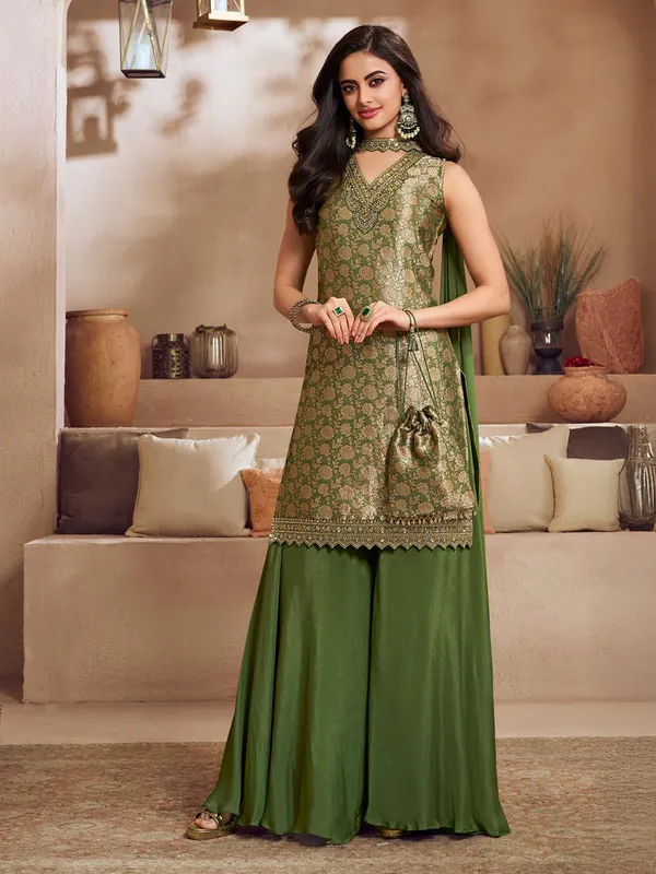 Green silk sleeveless palazzo kurti set with zari