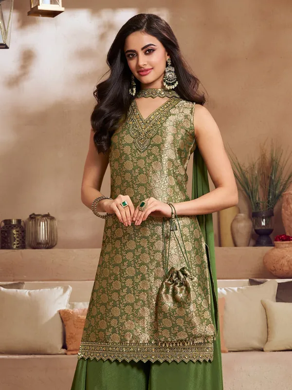 Green silk sleeveless palazzo kurti set with zari