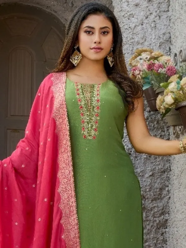 Green silk straight cut wedding salwar suit