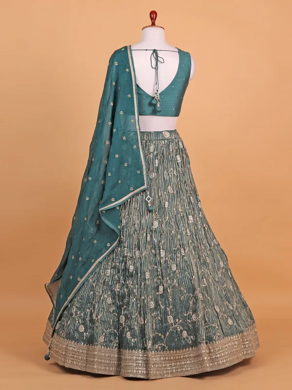 Green silk striped lehenga choli for women