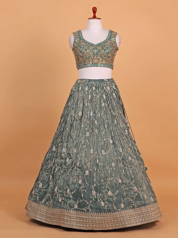 Green silk striped lehenga choli for women