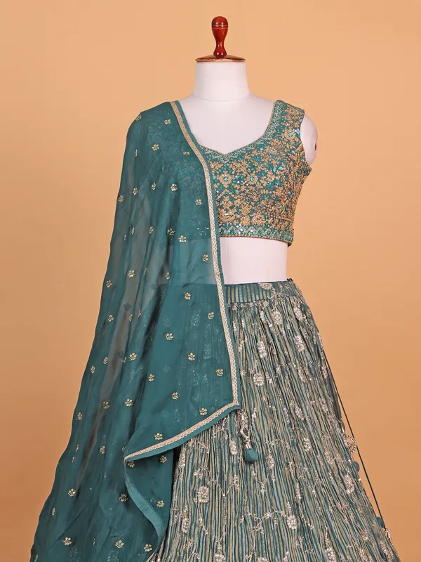 Green silk striped lehenga choli for women