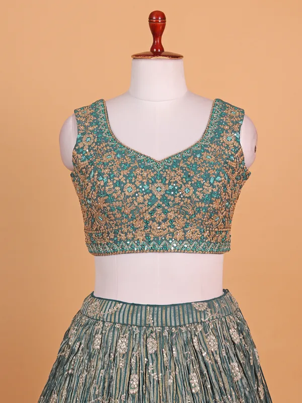 Green silk striped lehenga choli for women