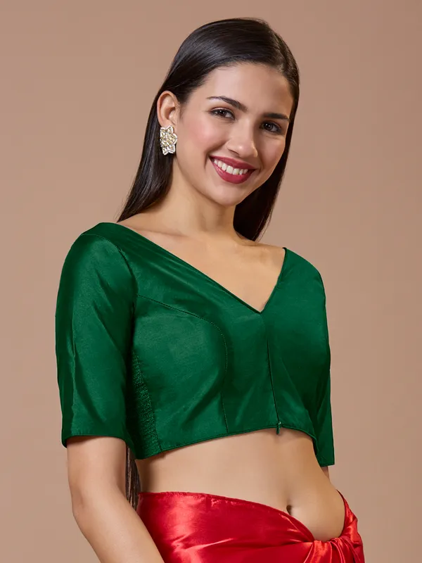 Green silk V neck comfort fit ready made blouse