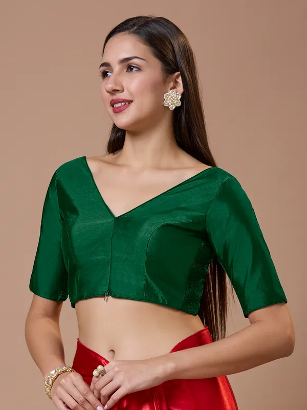 Green silk V neck comfort fit ready made blouse
