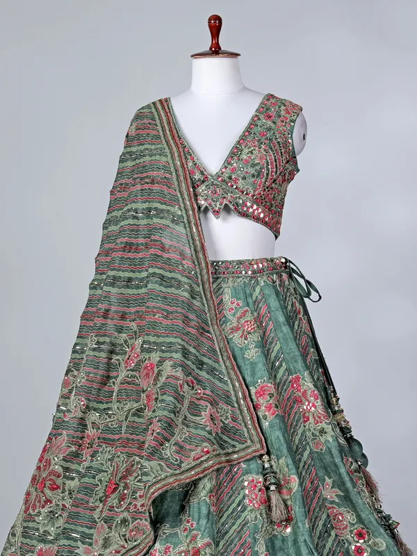 Green silk V neck printed lehenga choli with dupatta