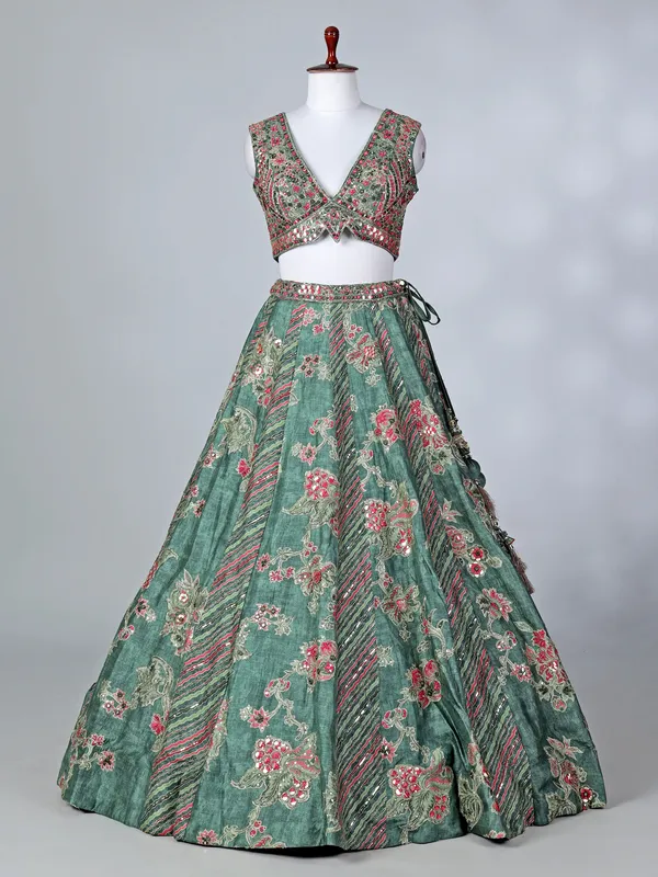 Green silk V neck printed lehenga choli with dupatta