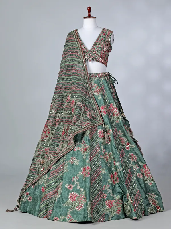 Green silk V neck printed lehenga choli with dupatta