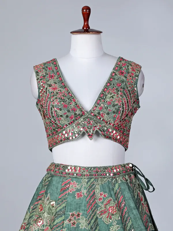 Green silk V neck printed lehenga choli with dupatta