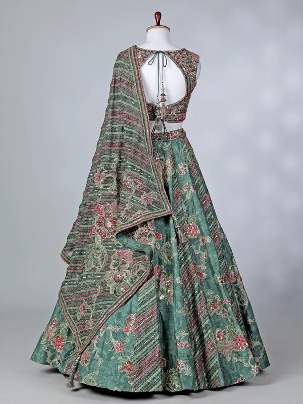 Green silk V neck printed lehenga choli with dupatta