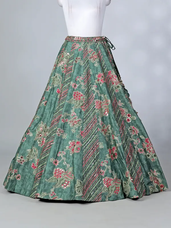 Green silk V neck printed lehenga choli with dupatta