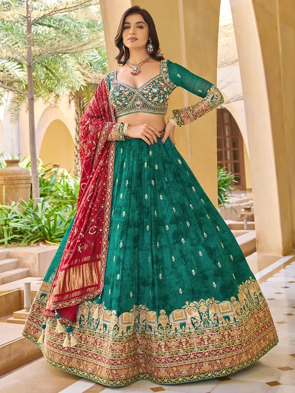 Green silk wedding lehenga choli with print