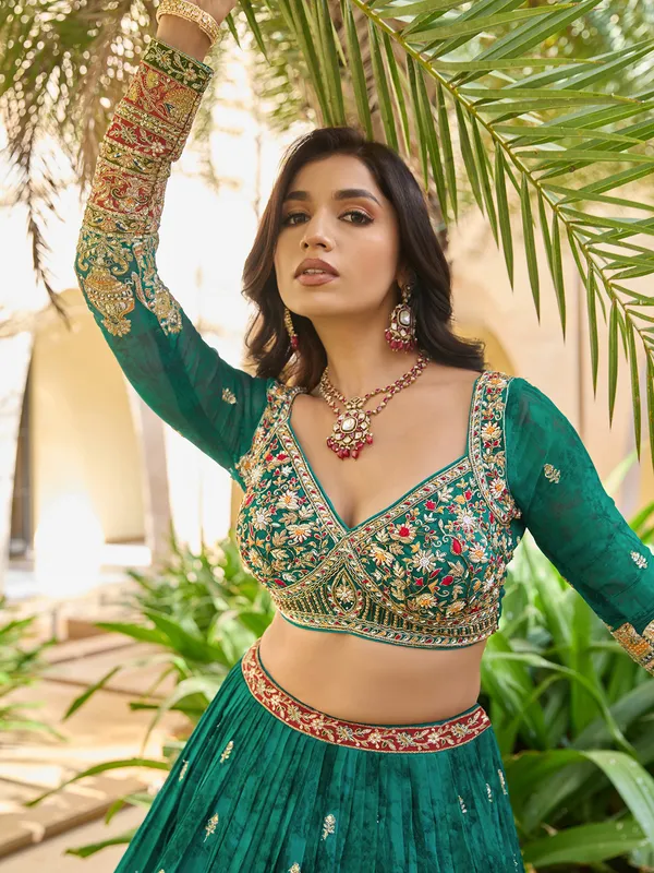 Green silk wedding lehenga choli with print