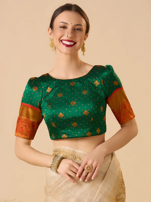 Green silk zari work ready made blouse with elbow sleeves