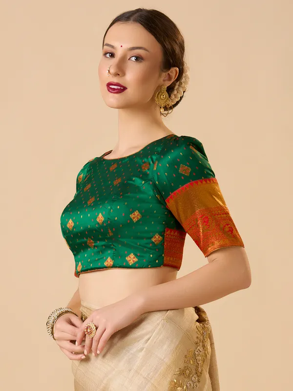 Green silk zari work ready made blouse with elbow sleeves