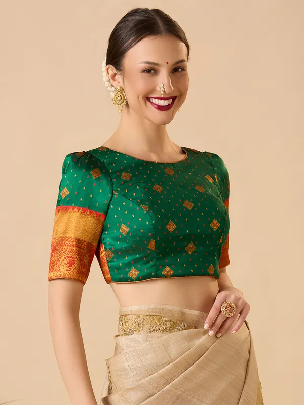 Green silk zari work ready made blouse with elbow sleeves