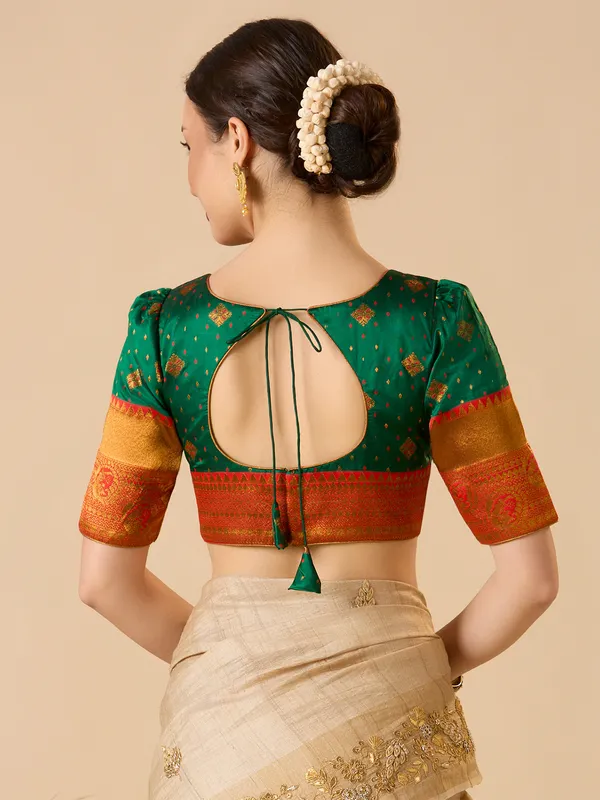 Green silk zari work ready made blouse with elbow sleeves