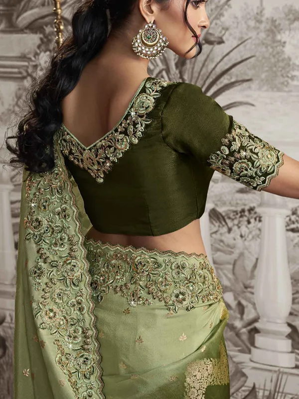 Green silk zari worked saree for festival