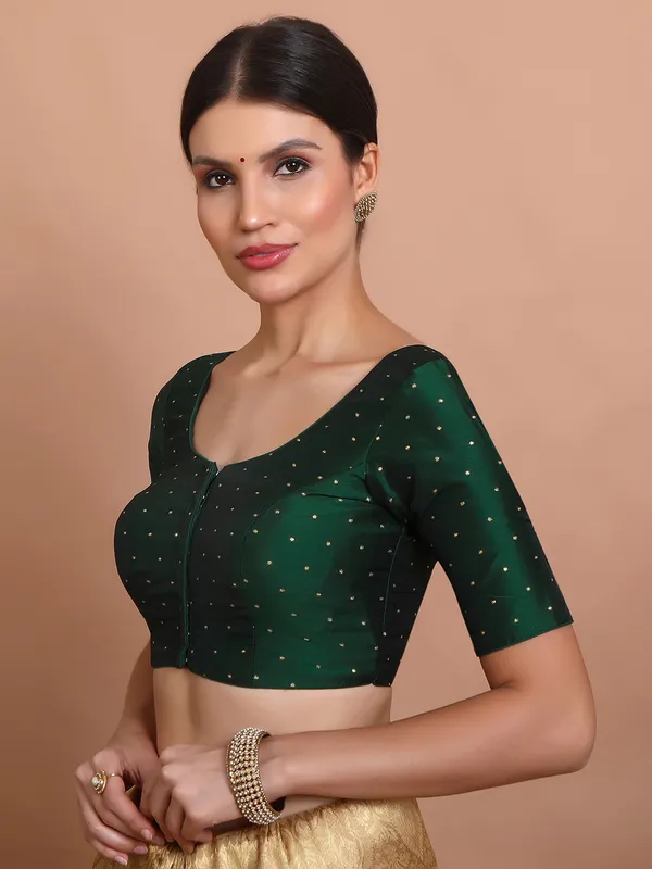 Green silk zari woven blouse with elbow sleeves