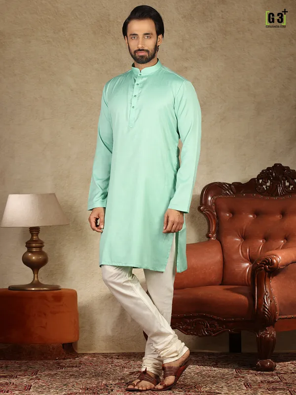 Green solid cotton fabric mens kurta suit