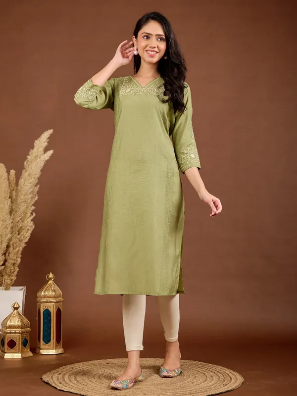 Green straight fit silk kurti for daily wear