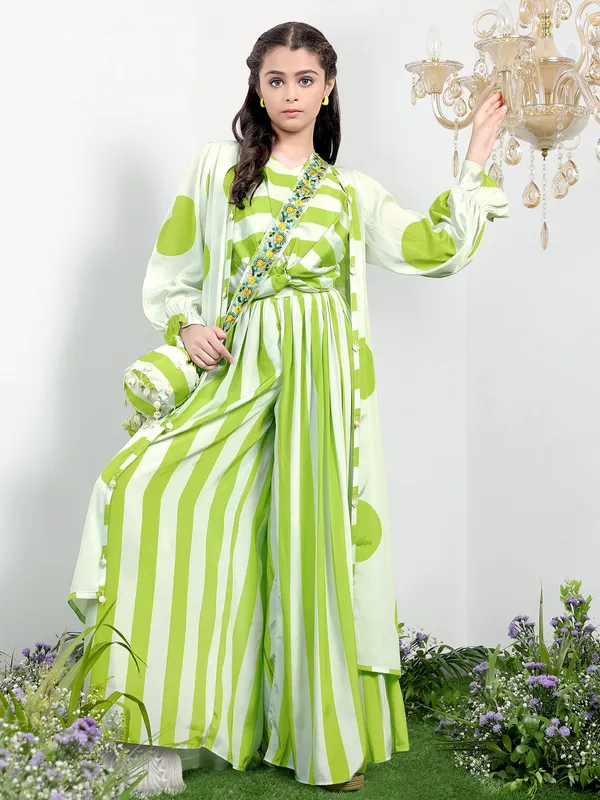 Green stripe georgette palazzo suit