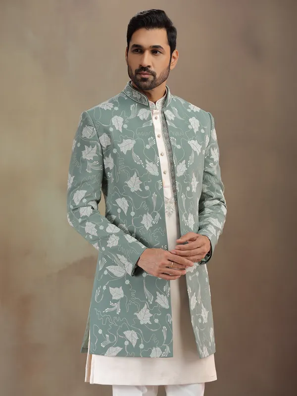 Green terrsy rayon indowestern set for men