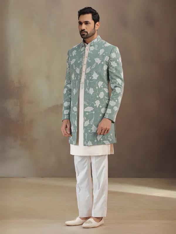 Green terrsy rayon indowestern set for men