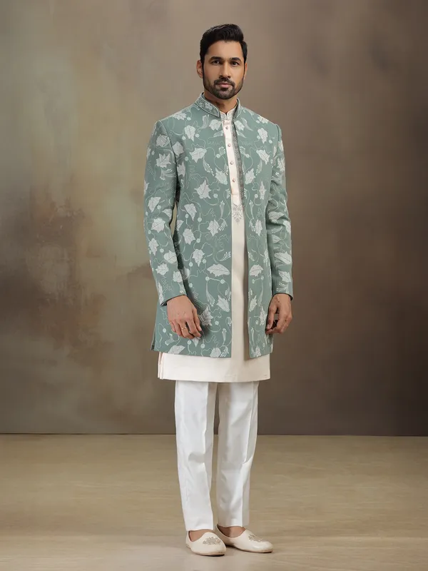 Green terrsy rayon indowestern set for men