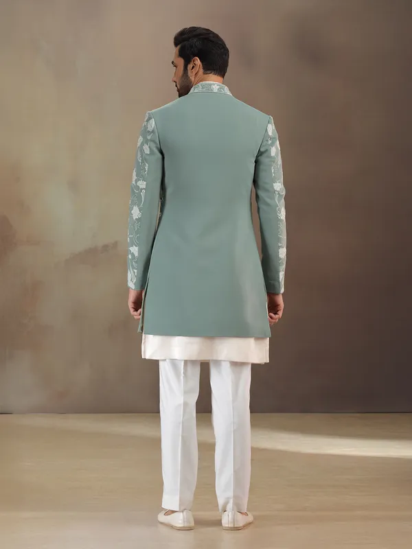 Green terrsy rayon indowestern set for men