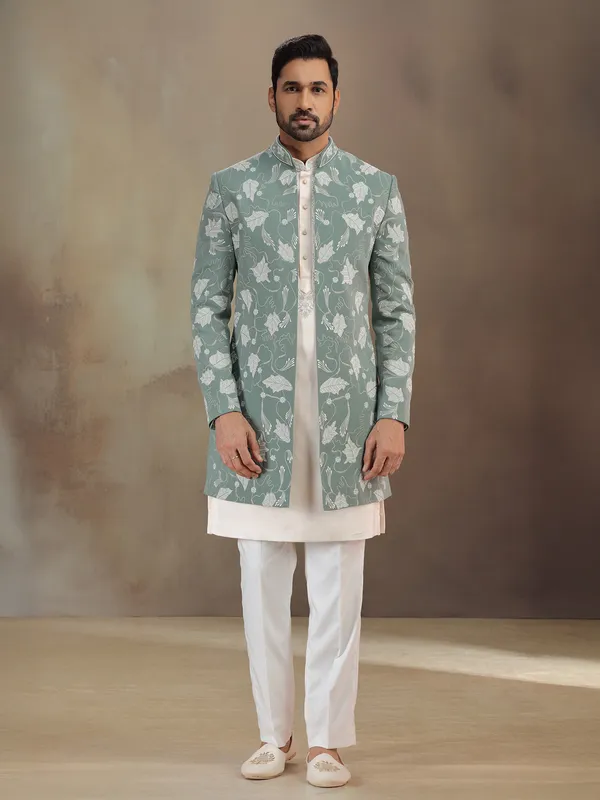 Green terrsy rayon indowestern set for men