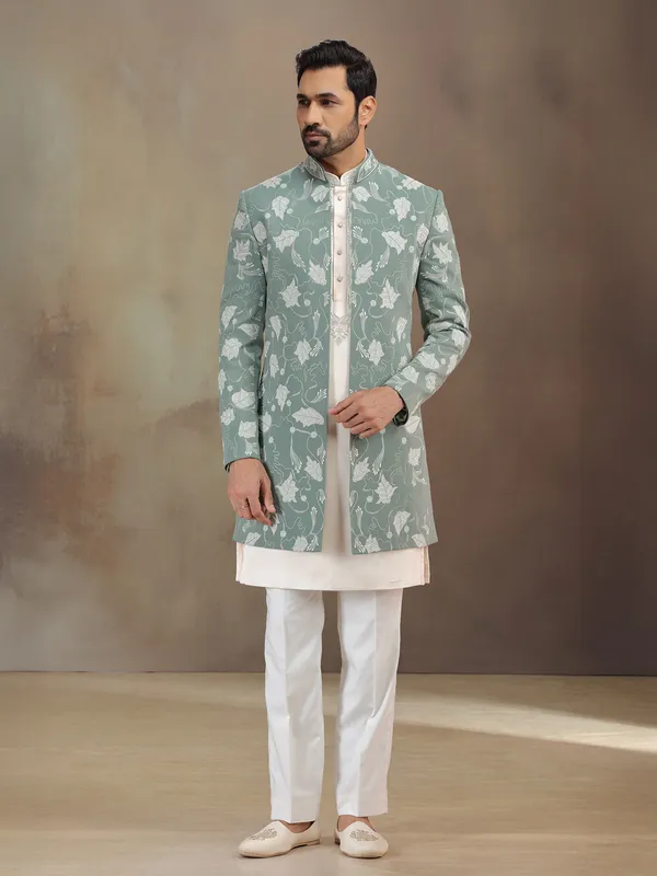 Green terrsy rayon indowestern set for men