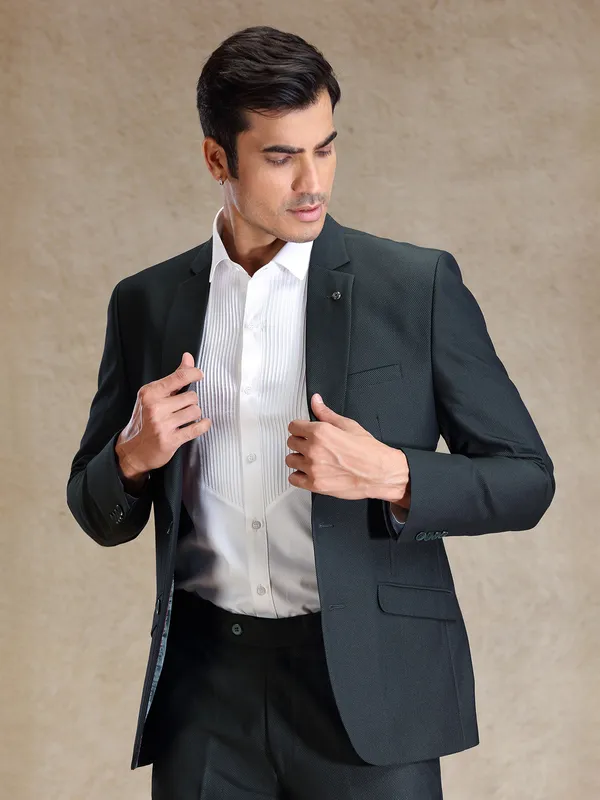 Green terry rayon notch lapel textured coat suit