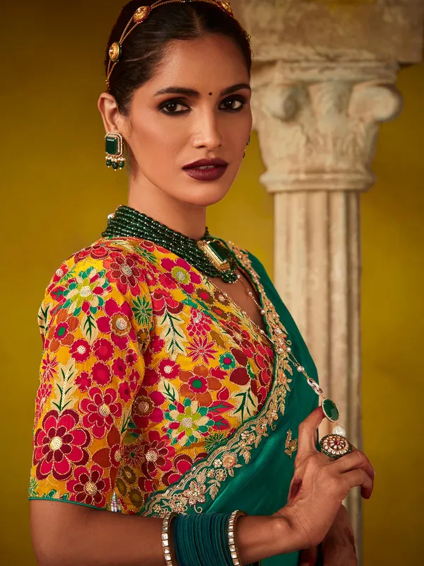 Green tissue silk saree with resham work