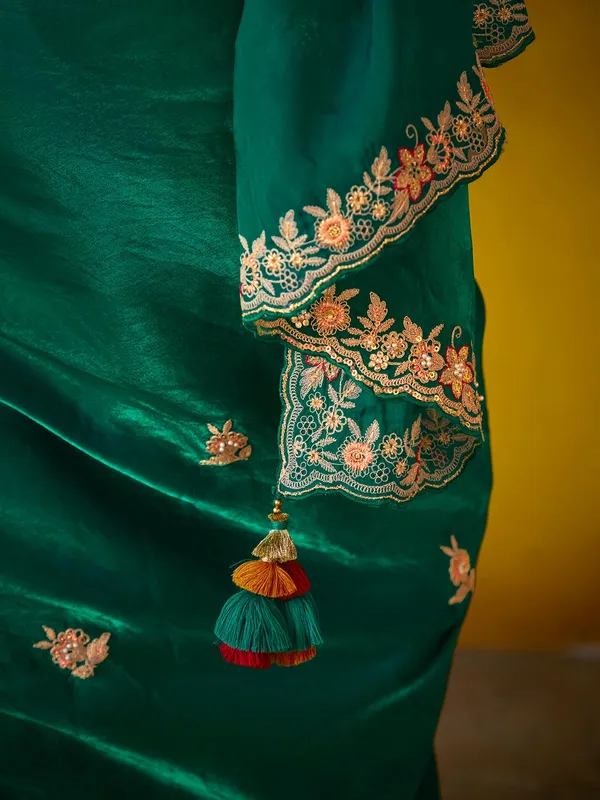 Green tissue silk saree with resham work