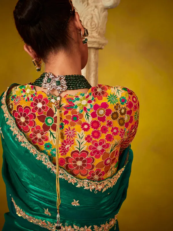 Green tissue silk saree with resham work