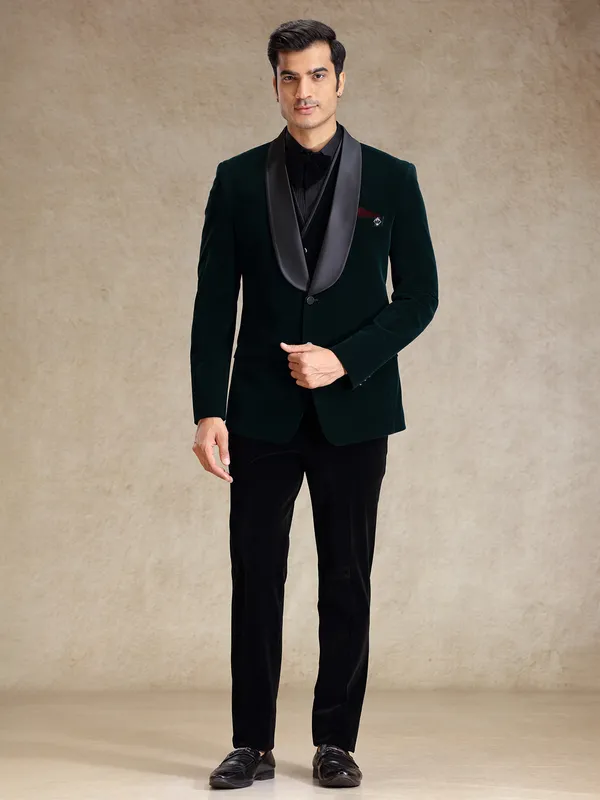 Green velvet 5 pcs tuxedo suit for party